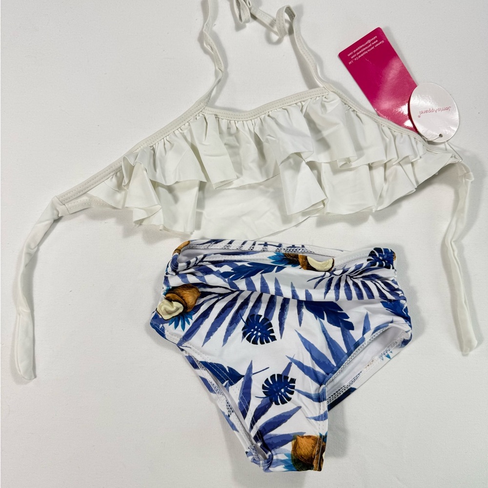 NWT | Kids White Ruffle Bikini Top and Blue Tropical Print Bottom | 104